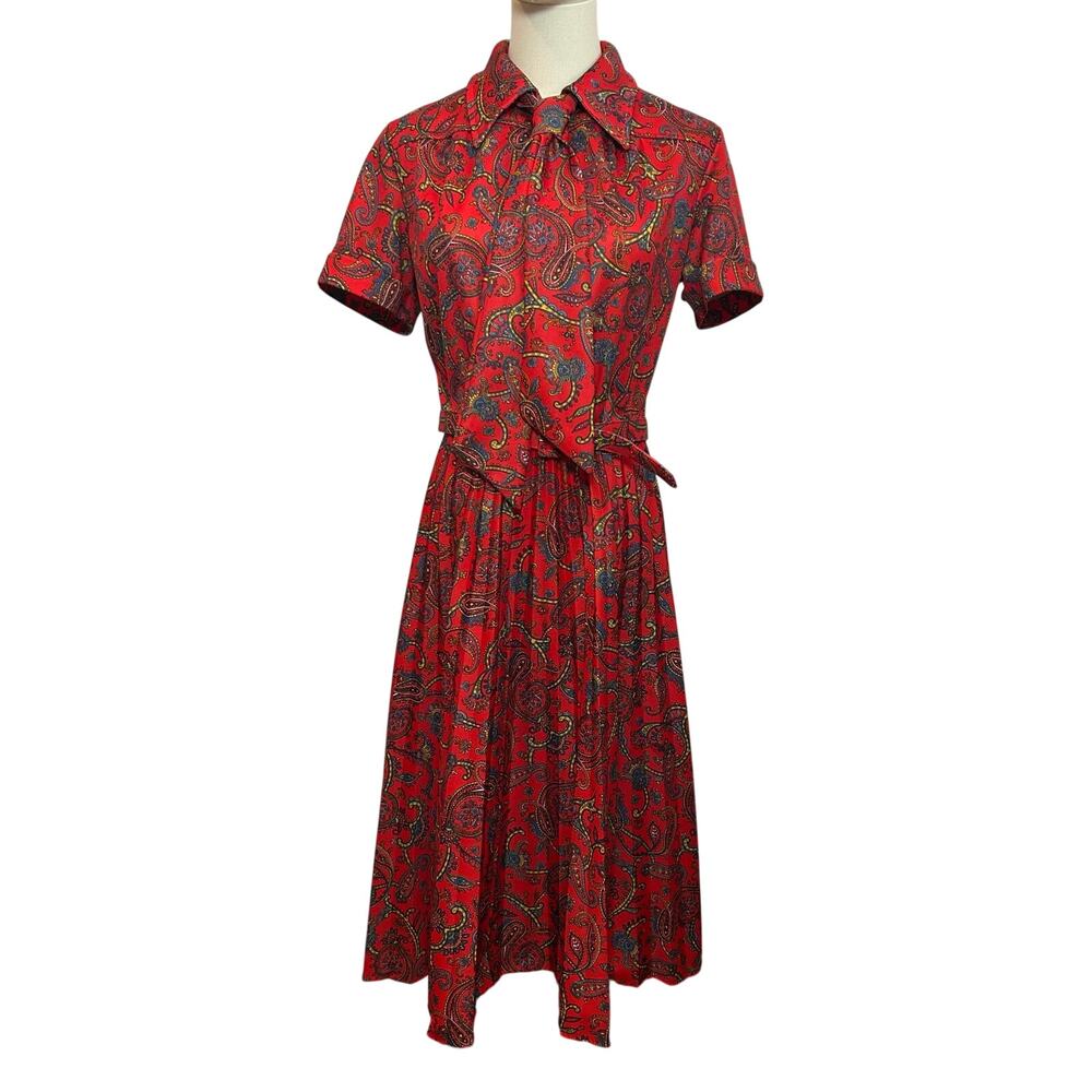 VTG 70s Red Paisley Dagger Collar Midi Dress with Matching Belt M Whimsygoth